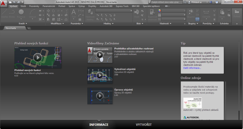 AutoCAD 2015 - Úvodní obrazovka