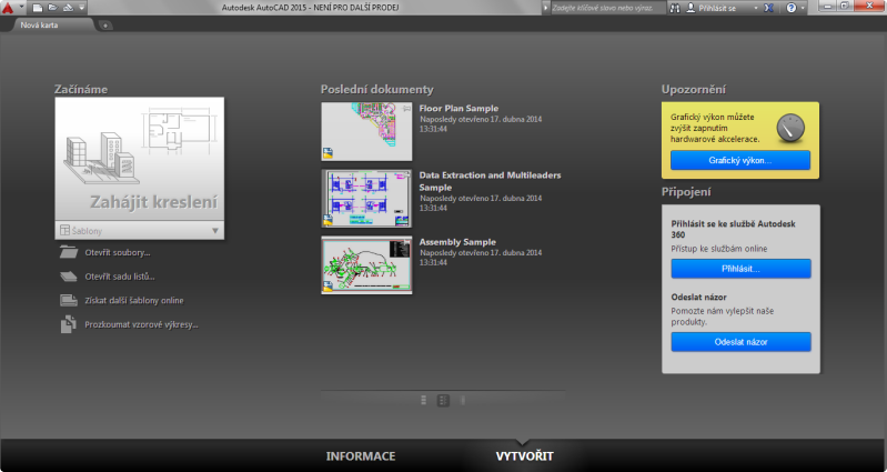 AutoCAD 2015 - Karta Vytvořit úvodní obrazovky