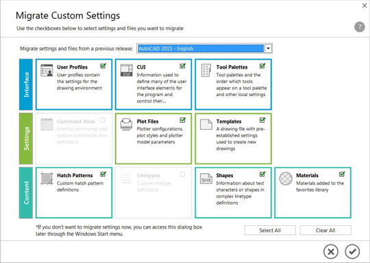 AutoCAD 2017 - Migrace nastavení