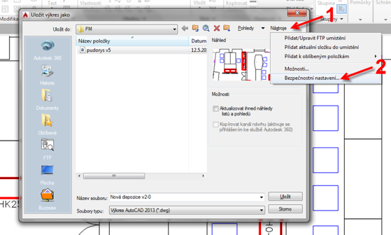 AutoCAD - Dialogové okno Uložit výkres jako