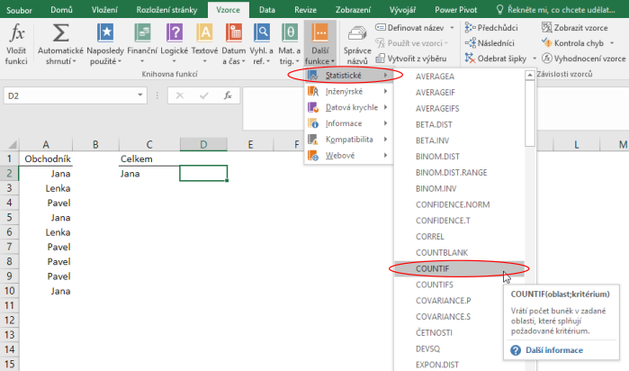 Vložení funkce COUNTIF v Microsoft Excel