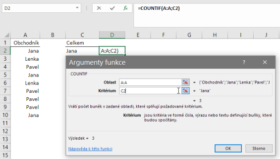 Argumenty funkce COUNTIF v Microsoft Excel