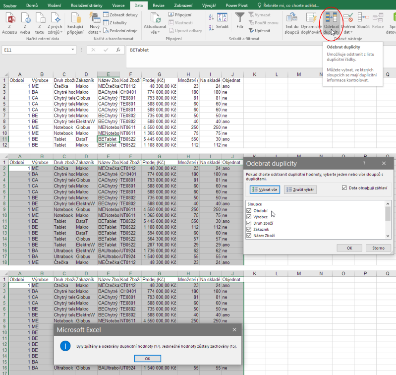 Odebrání duplicitních hodnot v Microsoft Excel