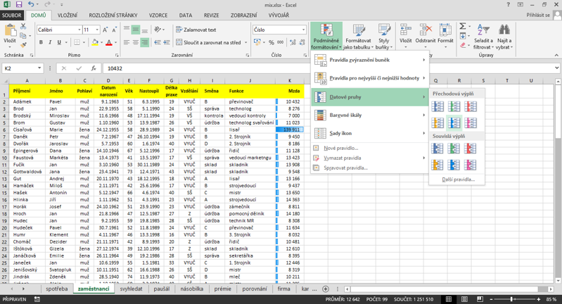 Nastavení podmíněného formátování – datové pruhy v Microsoft Excel