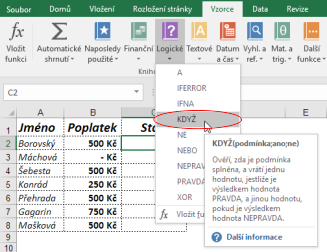 Vložení funkce KDYŽ v Microsoft Excel