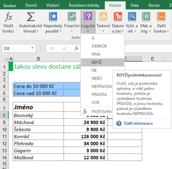 Vložení funkce KDYŽ v Microsoft Excel