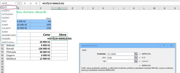 Vložení funkce KDYŽ v Microsoft Excel