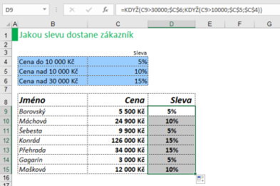 Výsledek příkladu s použitím vnořené funkce KDYŽ