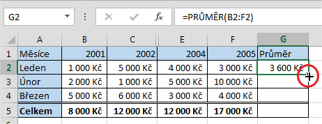 Rychlé kopírování vzorce do dalších řádků tabulky v Microsoft Excel