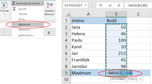 Nalezení nejvyšší hodnoty v oblasti dat v Microsoft Excel