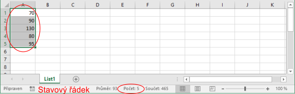 Zobrazení počtu neprázdných buněk na stavovém řádku v Microsoft Excel