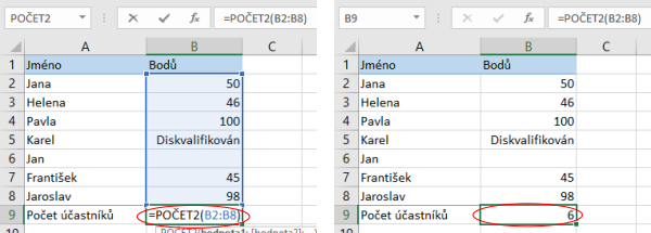 Určení počtu neprázdných buněk v Microsoft Excel