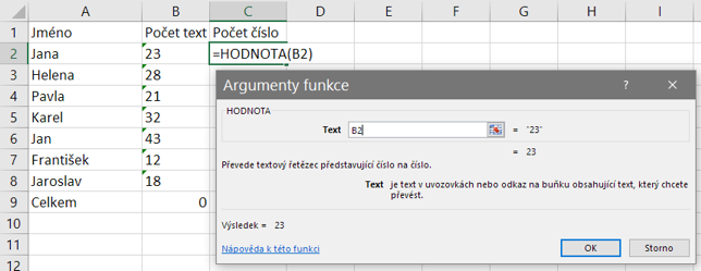 Převod textu na číslo pomocí funkce HODNOTA