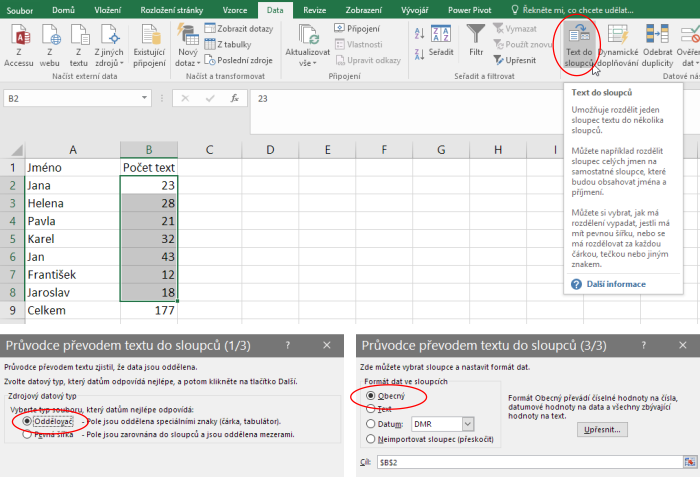 Převod textu na číslo s použitím nástroje Text do sloupců