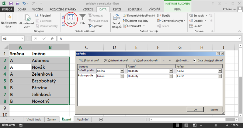 Postup při řazení dat podle více sloupců v Microsoft Excel