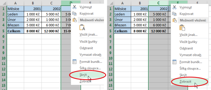 Skrytí a opětovné zobrazení sloupce v Microsoft Excel