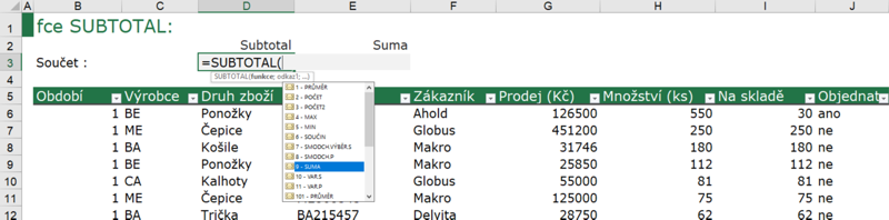 Zadání funkce SUBTOTAL