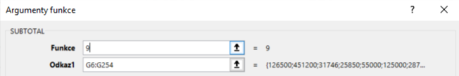Argumenty funkce SUBTOTAL