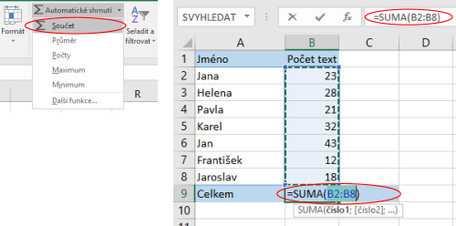 Výpočet součtu hodnot v oblasti dat v Microsoft Excel