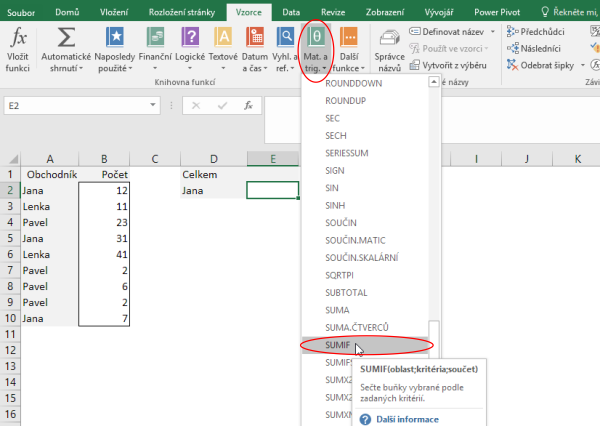Vložení funkce SUMIF v Microsoft Excel