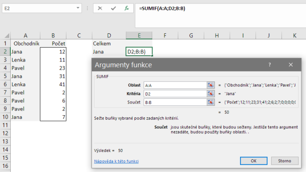 Argumenty funkce SUMIF v Microsoft Excel