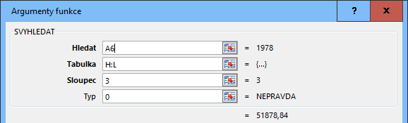 Zadání funkce SVYHLEDAT v Microsoft Excel