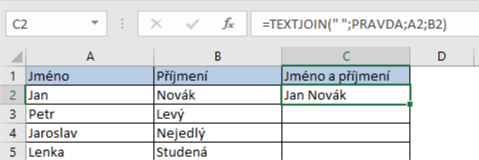 Spojení textu z více buněk do jedné pomocí funkce TEXTJOIN