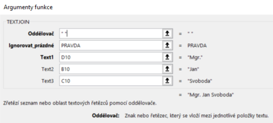 Zadání argumentů funkce TEXTJOIN
