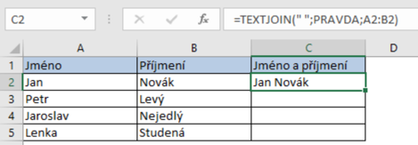 Spojení textu z více buněk do jedné pomocí funkce TEXTJOIN