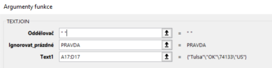 Zadání argumentů funkce TEXTJOIN