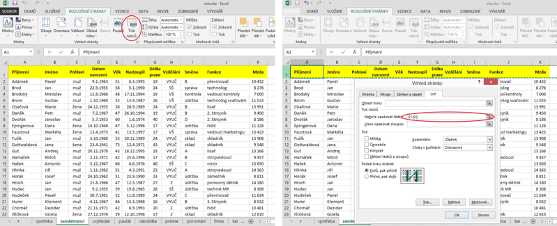Postup při nastavení tisku záhlaví tabulky na každé stránce v Microsoft Excel