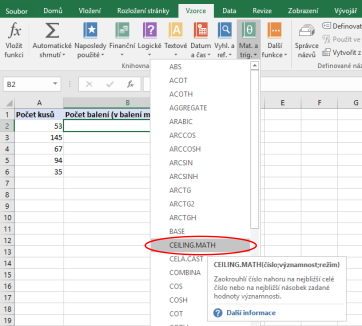Funkce CEILING.MATH v Microsoft Excel