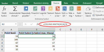 Použití funkce CEILING.MATH v Microsoft Excel