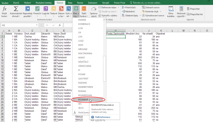 Funkce ROUNDUP v Microsoft Excel
