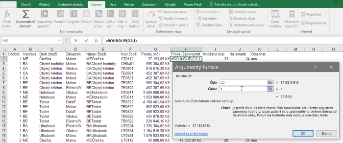 Použití funkce ROUNDUP v Microsoft Excel